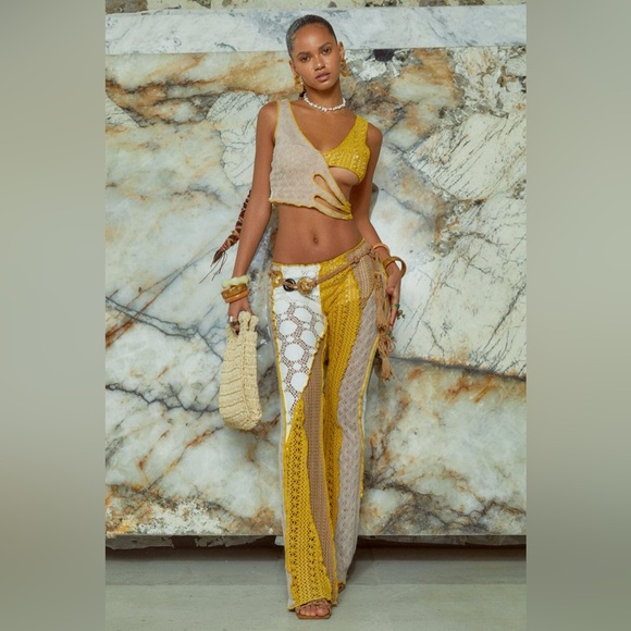 Jaded London Yellow White Crochet Knit Boho Bohemian Lace Low Rise Pants - Picture 12 of 12